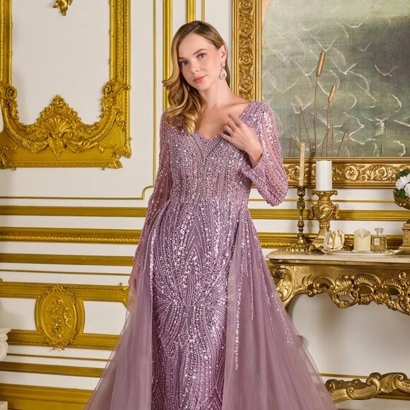 New Mauve Sheath Mother Of Bride Beaded Gown w/ Overskirt & Long Sleeves GL3832 - Picture 4 of 14